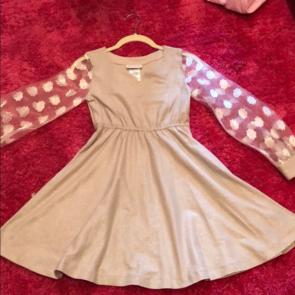 Gold dress with sheer flower sleeves!